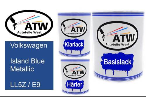 Volkswagen, Island Blue Metallic, LL5Z / E9: 1L Lackdose + 1L Klarlack + 500ml Härter - Set, von ATW Autoteile West.